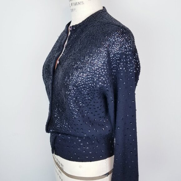 Vintage 1950's Black Sequin & Beaded Lambswool Angora Sparkly Cardigan * Med/Lrg - Picture 4 of 9